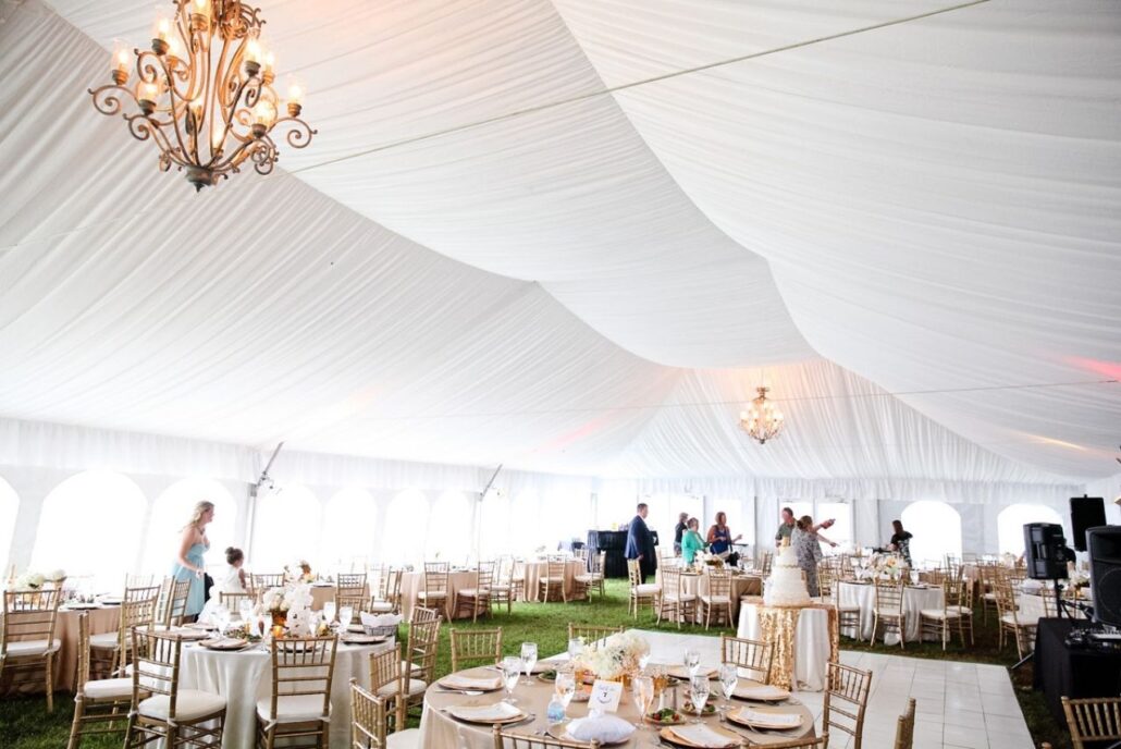 white tent liner and chandeliers