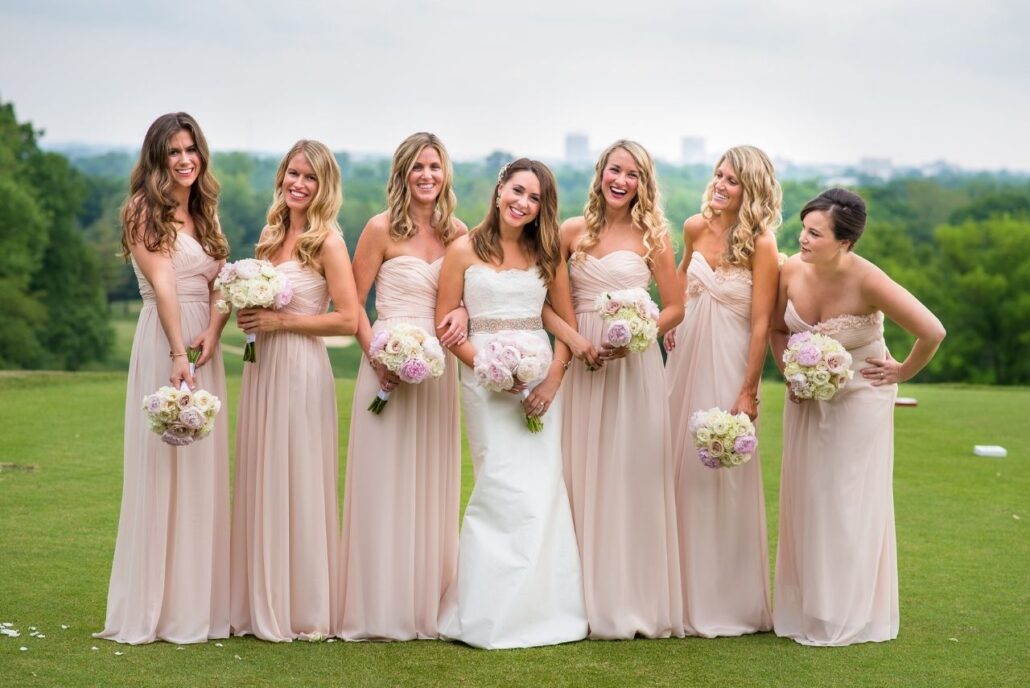 blush bridesmaids gowns outside evansville country club